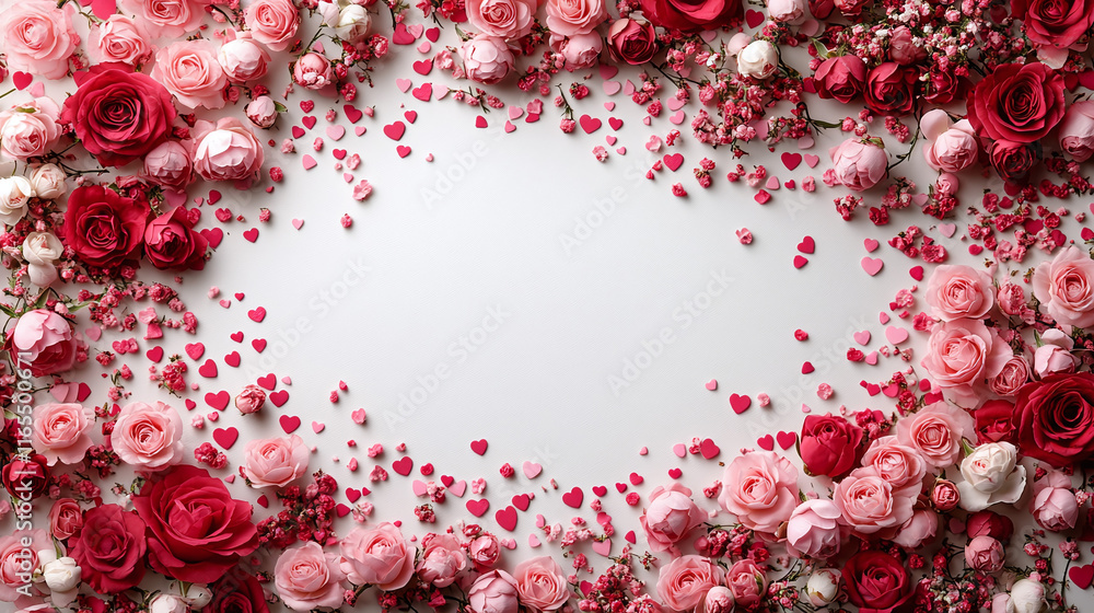 White Valentine's flat lay with white clean red and pink roses. White Valentine's flat lay with white clean red and pink roses.
