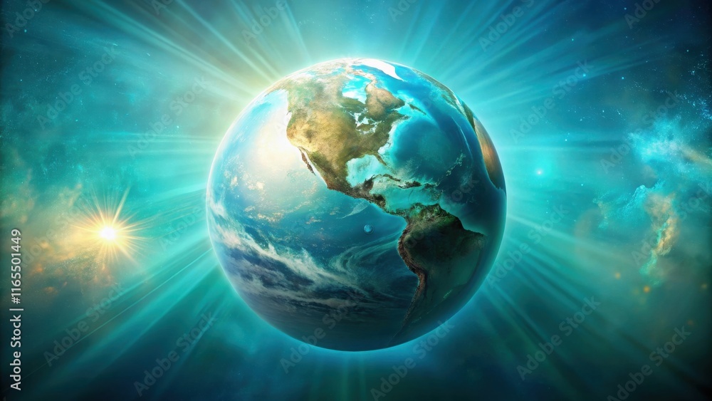 Fototapeta premium A vibrant blue and green Earth surrounded by the cosmic glow of stars and a shining sun.