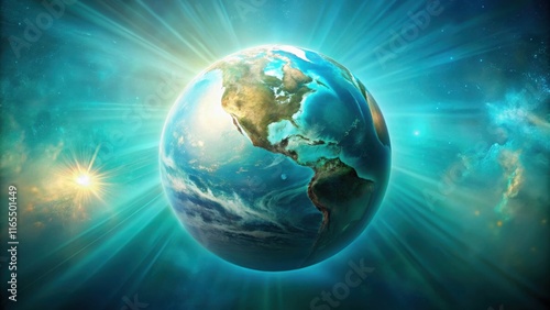 Fototapeta Naklejka Na Ścianę i Meble -  A vibrant blue and green Earth surrounded by the cosmic glow of stars and a shining sun.