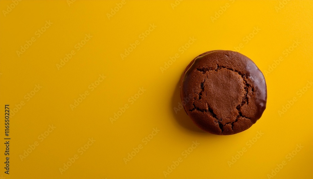 濃いチョコレートガナッシュを塗ったクッキーが、薄いイエローの背景に一枚だけ置かれ、シンプルながらも優雅な空気を漂わせるシーン 濃いチョコレートガナッシュを塗ったクッキーが、薄いイエローの背景に一枚だけ置かれ、シンプルながらも優雅な空気を漂わせるシーン