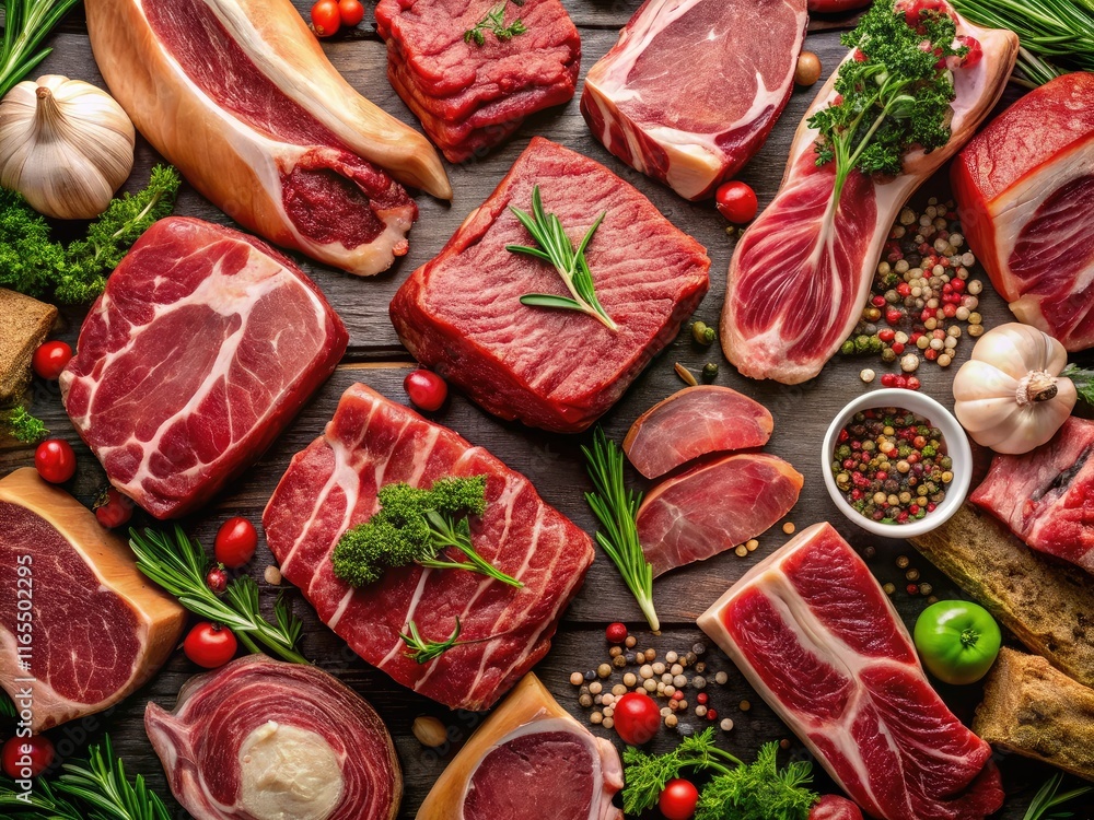 Aerial View of Raw Pork & Beef Cuts - Gourmet Meat Selection Aerial View of Raw Pork & Beef Cuts - Gourmet Meat Selection