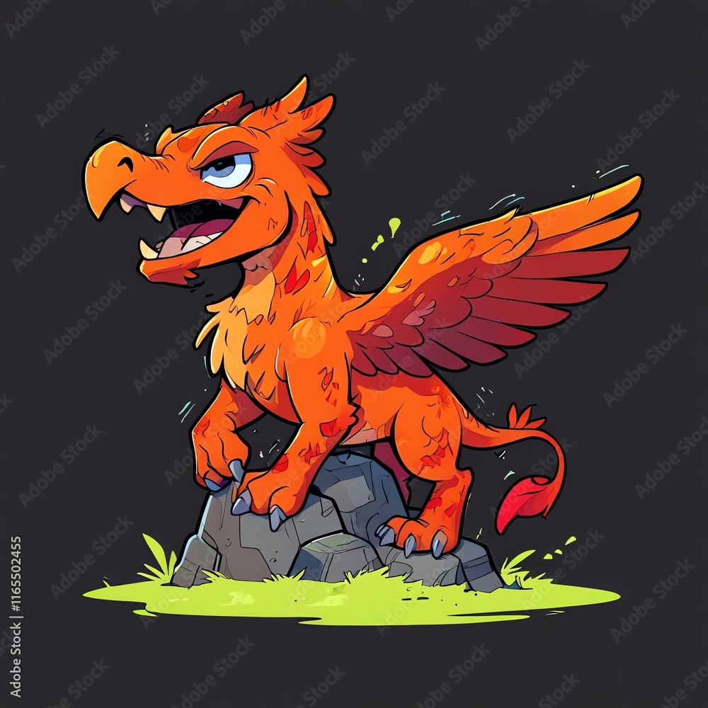 Naklejka premium A fiery griffon perched majestically on a rock, its wings spread wide, showcasing vibrant orange and red hues against a dark backdrop.