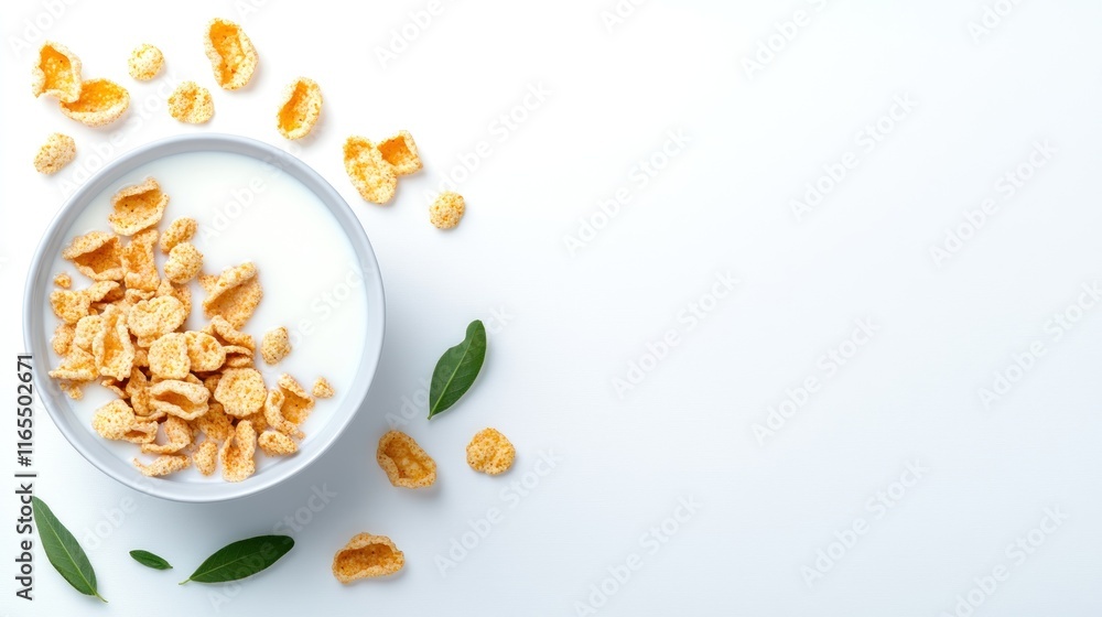 Bowl of cereal with milk surrounded by cereal pieces and leaves. Bowl of cereal with milk surrounded by cereal pieces and leaves.