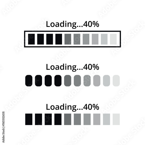 Three website loading bars in 40% different designs with gray gradient.