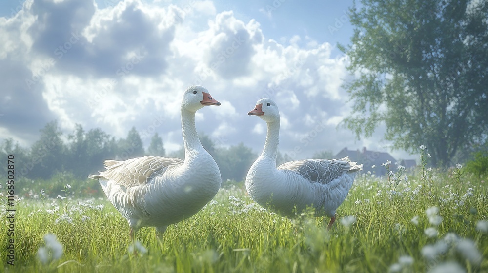 A pair of geese waddling across a meadow, with fluffy clouds and distant trees in the background A pair of geese waddling across a meadow, with fluffy clouds and distant trees in the background
