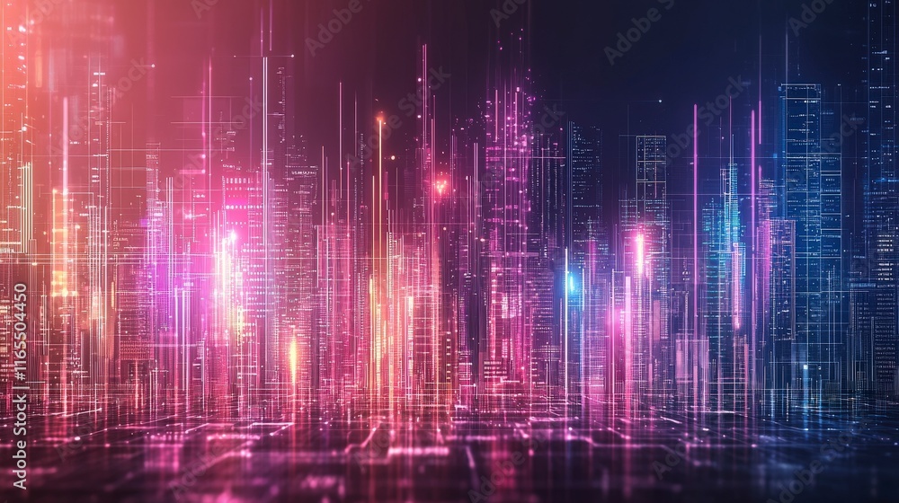 Abstract digital landscape with vibrant colors and glowing lines, creating a futuristic city-like appearance. Abstract digital landscape with vibrant colors and glowing lines, creating a futuristic city-like appearance.