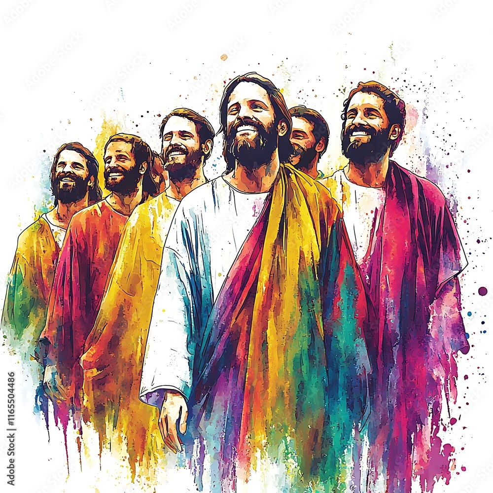 Fototapeta premium Vibrant Watercolor Painting of Jesus and His Disciples, radiating joy and unity.