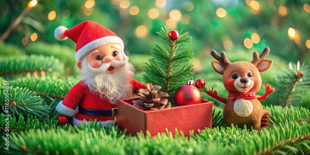 Santa Claus and a reindeer figurine nestled amongst evergreen branches with pine cones and a Christmas ornament in a box, a festive holiday scene. Santa Claus and a reindeer figurine nestled amongst evergreen branches with pine cones and a Christmas ornament in a box, a festive holiday scene.