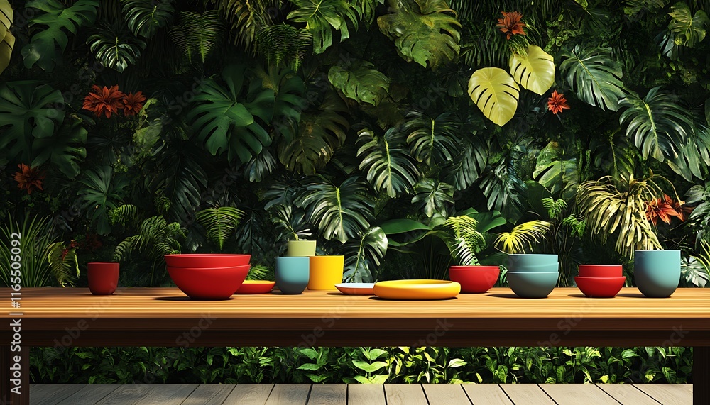 Outdoor dining space with a sleek teak table colorful tableware and a backdrop of lush foliage Outdoor dining space with a sleek teak table colorful tableware and a backdrop of lush foliage