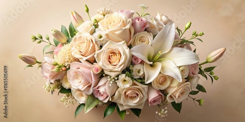 A delicate arrangement of pastel roses and lilies, arranged in a romantic floral display for a special occasion.