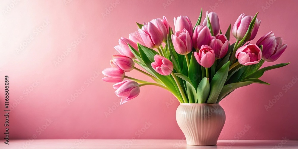 A bouquet of vibrant pink tulips in a delicate ceramic vase, resting on a pristine white surface against a soft blush pink background, bathed in gentle natural light. A bouquet of vibrant pink tulips in a delicate ceramic vase, resting on a pristine white surface against a soft blush pink background, bathed in gentle natural light.