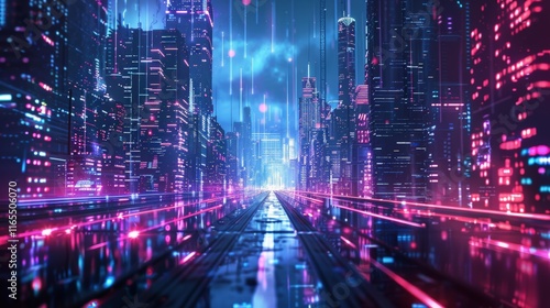 Fototapeta Naklejka Na Ścianę i Meble -  Wet street reflecting neon lights in futuristic cyberpunk city with digital rain falling from sky