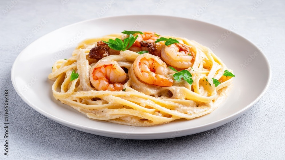 Creamy shrimp fettuccine garnished with parsley on a plate. Creamy shrimp fettuccine garnished with parsley on a plate.