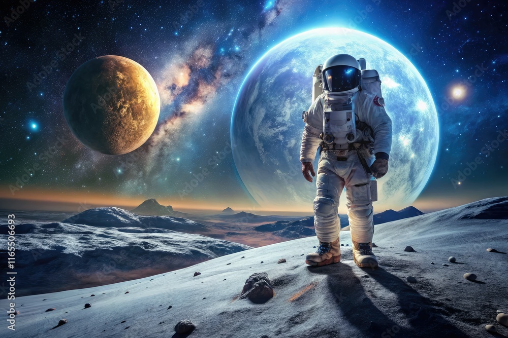 Astronaut on Moon Panoramic Space Landscape AI Photo Astronaut on Moon Panoramic Space Landscape AI Photo