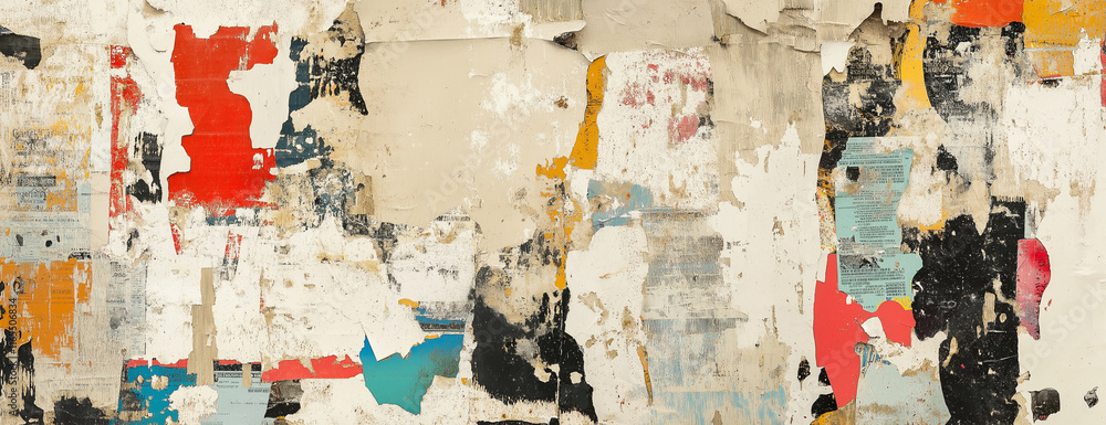 A wall covered in torn and faded posters, each with different colors and shapes, creating an abstract pattern of urban street art. A wall covered in torn and faded posters, each with different colors and shapes, creating an abstract pattern of urban street art.