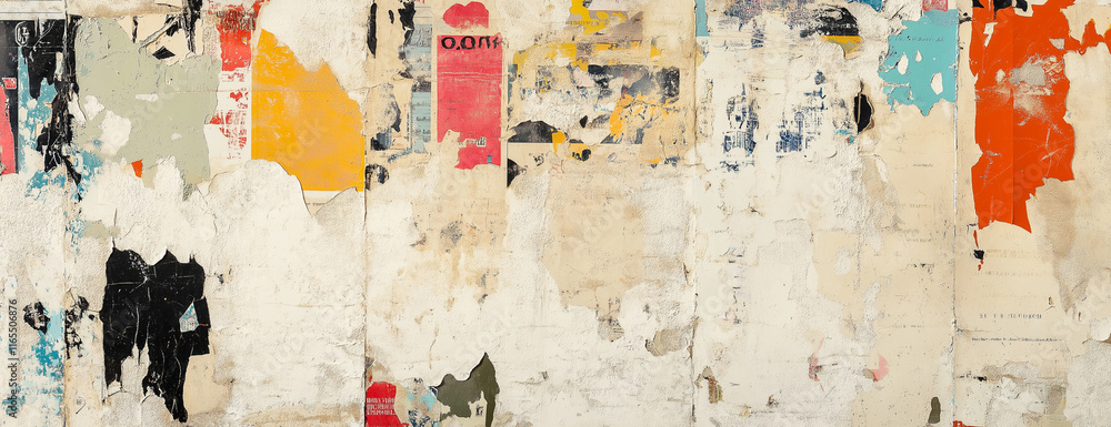 Fototapeta premium A wall covered in torn and faded posters, each with different colors and shapes, creating an abstract pattern of urban street art. 