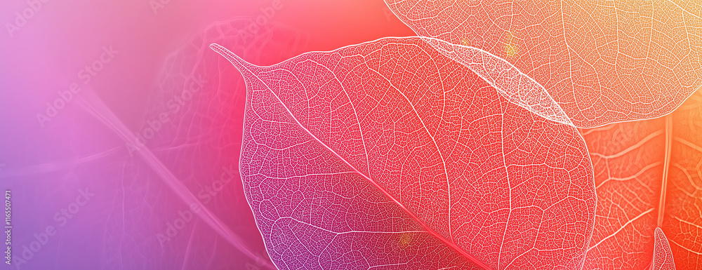 Close-up of transparent leaf veins, with a gradient background in red and purple tones. Close-up of transparent leaf veins, with a gradient background in red and purple tones.