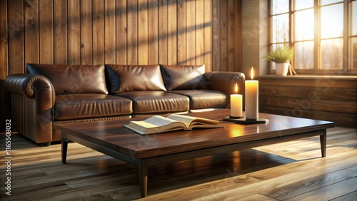 A cozy living room with a leather sofa, a wooden coffee table, and a book open on the table with two lit candles