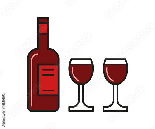 Colorful bottle of wine and glasses.