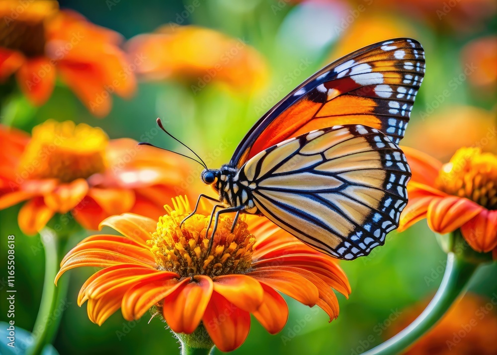 Fototapeta premium Beautiful Butterfly on Orange Flower - Rule of Thirds Closeup