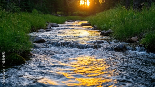 Fototapeta Naklejka Na Ścianę i Meble -  Golden sunset over a tranquil mountain stream.