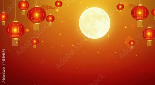 Mid-Autumn Festival: Red Lanterns and Full Moon. A warm and inviting scene perfect for Mid-Autumn Festival celebrations.