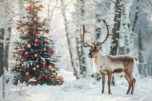 Wallpaper Mural Christmas card with a snowy scene of a reindeer standing beside a decorated Christmas tree in a winter forest Torontodigital.ca