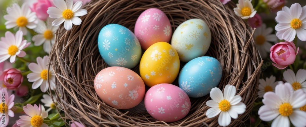 Charming Easter nest with colorful eggs, creating a cozy and festive atmosphere, great for spring designs or Easter-themed projects. Charming Easter nest with colorful eggs, creating a cozy and festive atmosphere, great for spring designs or Easter-themed projects.
