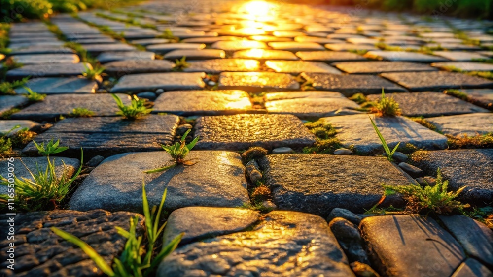 Obraz premium A cobblestone pathway bathed in the warm glow of the setting sun, with vibrant green shoots pushing through the cracks, creating a natural tapestry of life and resilience.
