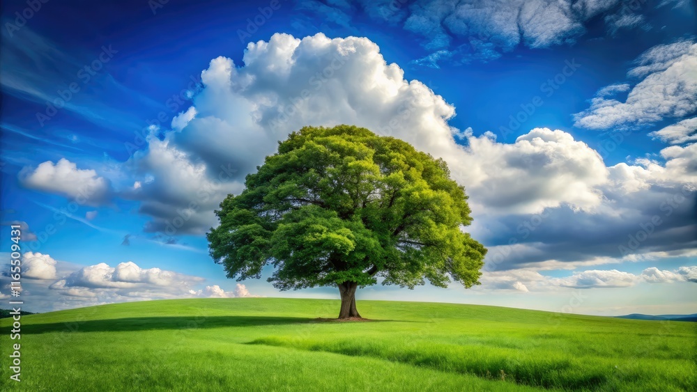 Big Tree Green Field Blue Sky Minimalist Summer Landscape Big Tree Green Field Blue Sky Minimalist Summer Landscape