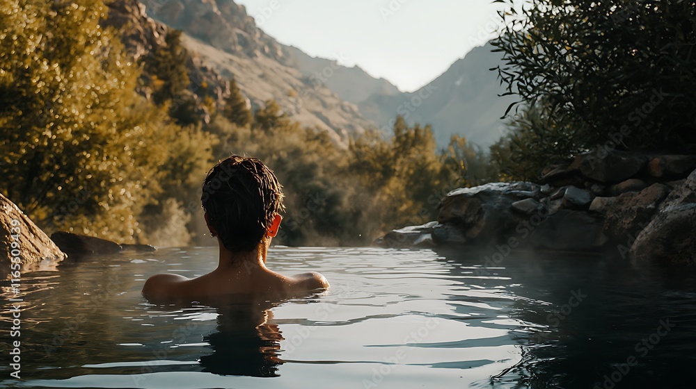 Fototapeta premium A man is in a hot tub in the mountains