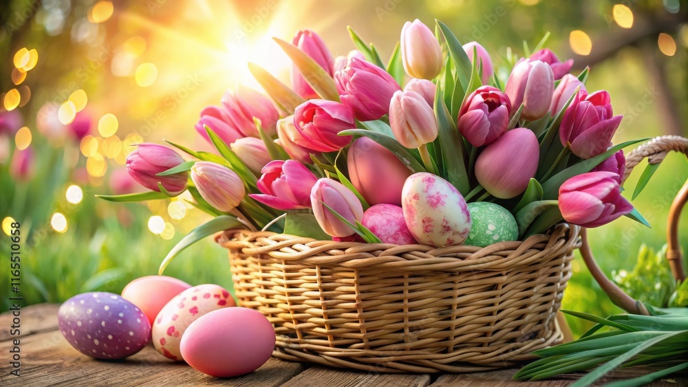 Obraz premium A wicker basket overflowing with pink tulips and colorful Easter eggs, bathed in the warm glow of a setting sun.