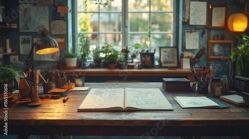 Rustic Artist's Desk with Vintage Sketching Tools photo