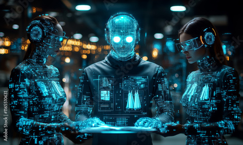 A fashion designer and an AI companion generating innovative clothing designs, with digital fabric patterns and 3D avatar models