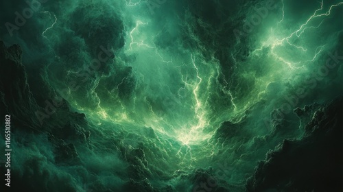 Green stormy sky with lightning.