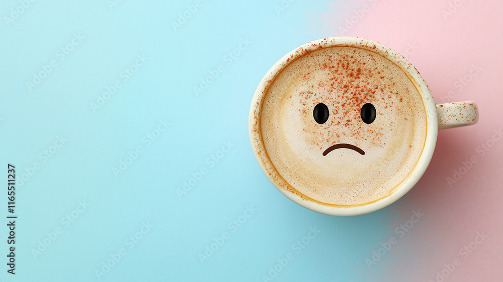 Coffee with a sad face on top. Simple flat lay background. Coffee with a sad face on top. Simple flat lay background.