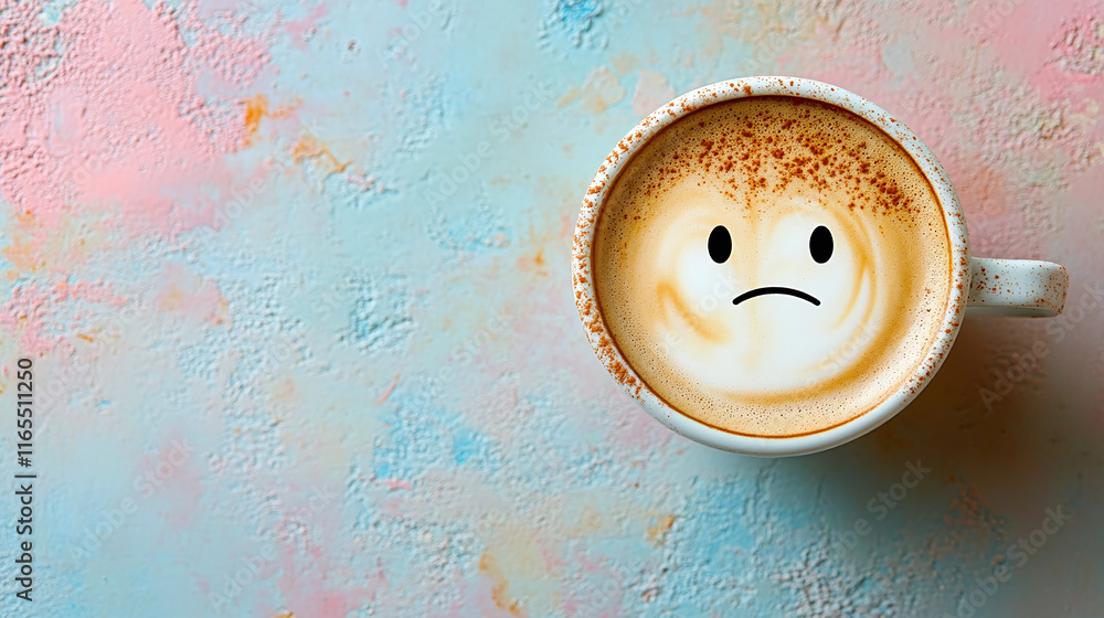Coffee with a sad face on top. Simple flat lay background. Coffee with a sad face on top. Simple flat lay background.