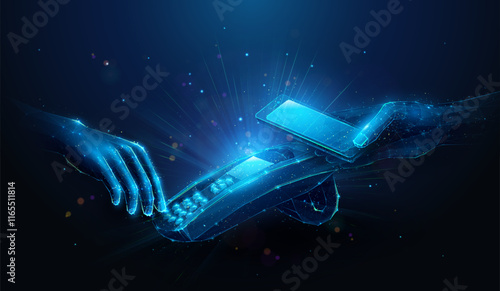 Abstract low poly illustration of nfc payment process by smartphone on pos terminal. Geometric background depicting RFID technology and near-field communication for payments concept by wireframe mesh