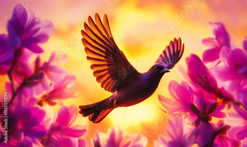 Bird Silhouette in Flight with Glowing Background