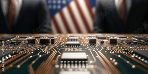 A close-up view of a circuit board with two suited figures blurred in the background, set against an American flag. photo