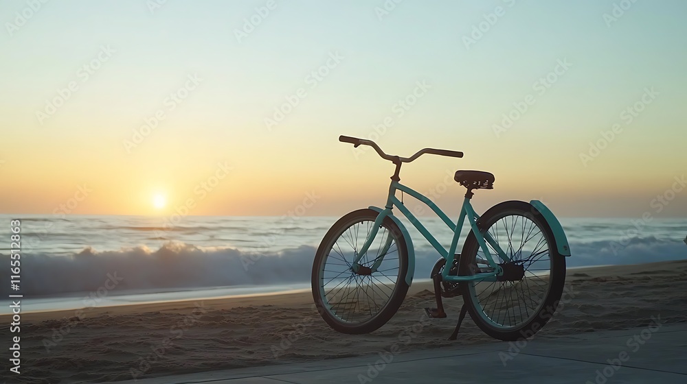 A bicycle is parked on the beach at sunset A bicycle is parked on the beach at sunset
