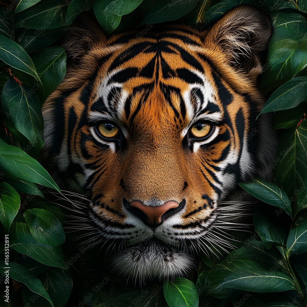 Fototapeta premium Majestic Tiger Face Surrounded by Lush Jungle Foliage