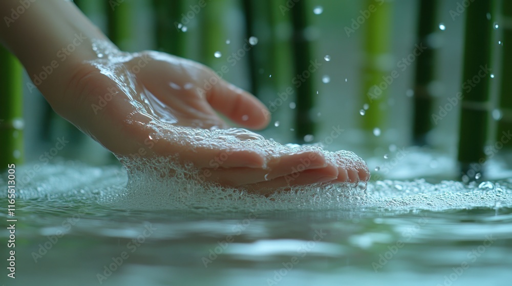 Fototapeta premium Hand in bubbly water, bamboo background.
