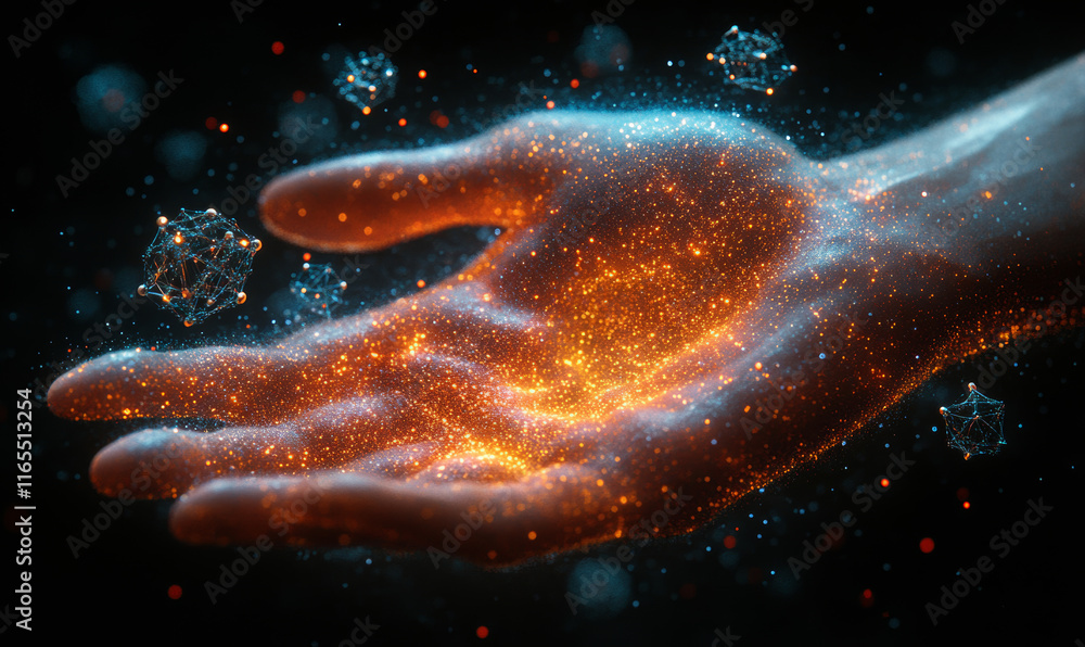 Fototapeta premium A futuristic quantum computer interface where a human hand interacts with floating, multi-dimensional quantum computational elements 