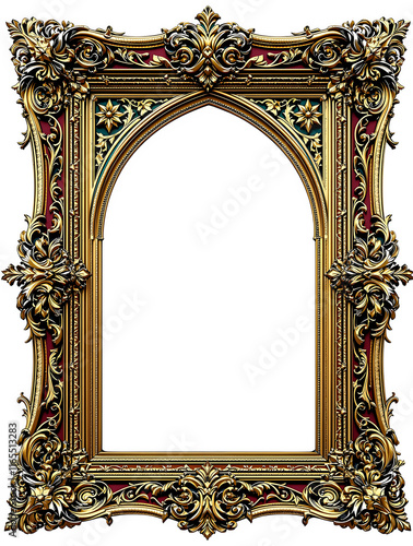 antique gold gothic arch picture frame with ornate baroque design and red accents for medieval decor, PNG, generative ai