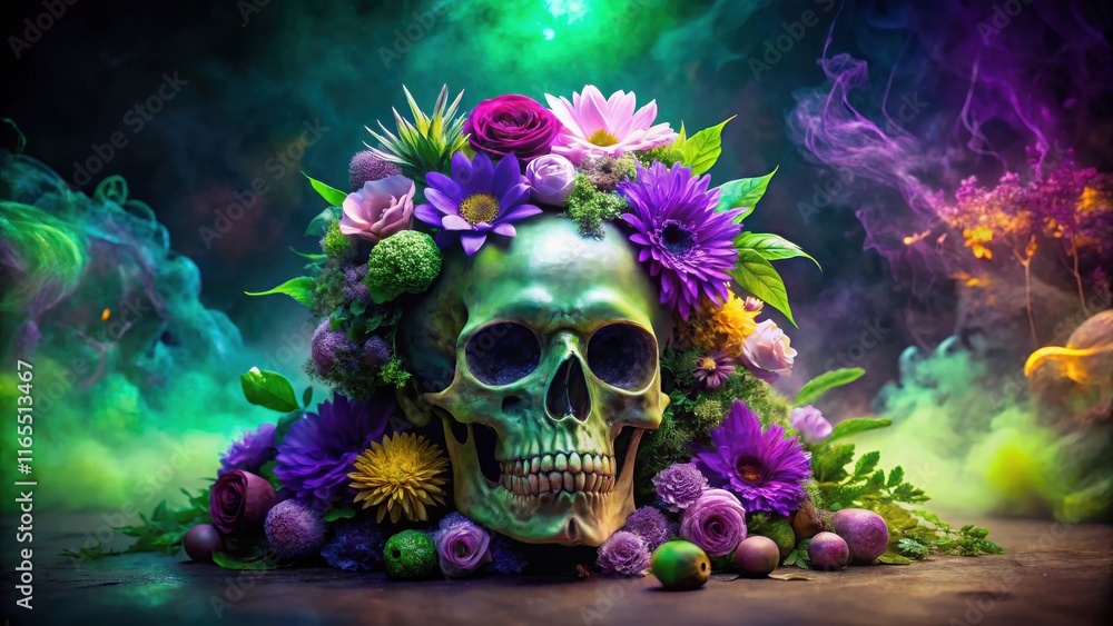 A human skull adorned with vibrant flowers in a mystical setting, surrounded by ethereal smoke, symbolizing life's ephemeral nature and the beauty that can emerge from darkness. A human skull adorned with vibrant flowers in a mystical setting, surrounded by ethereal smoke, symbolizing life's ephemeral nature and the beauty that can emerge from darkness.