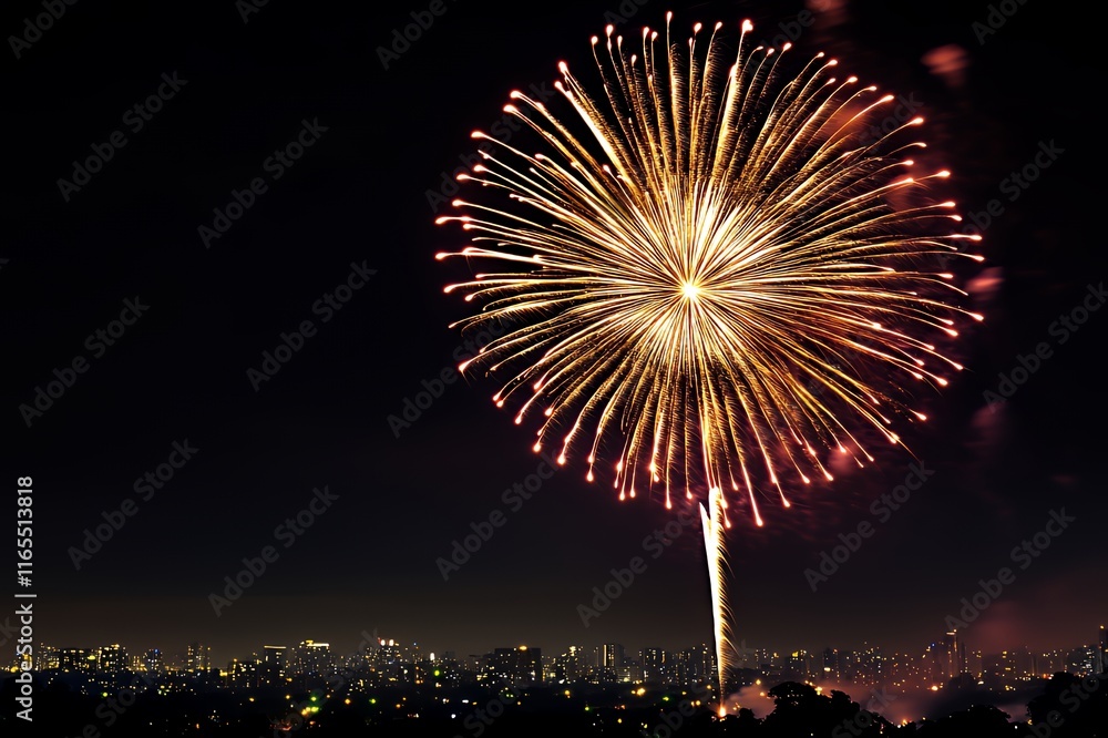 A magnificent firework display over a city skyline at night A magnificent firework display over a city skyline at night