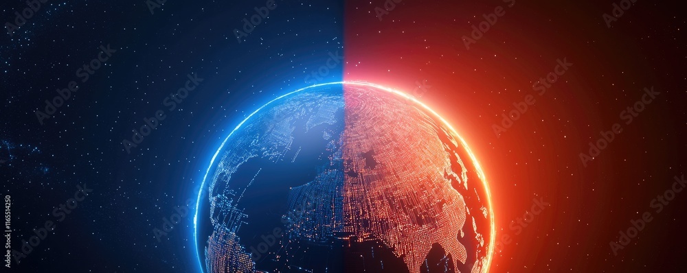Fototapeta premium A digital illustration of Earth split into two halves, one side glowing blue and the other glowing red, symbolizing contrasting themes or climates.