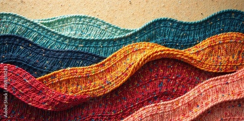 Vibrant Hand-Knitted Wool Textile in a Wave Pattern Featuring a Spectrum of Hues