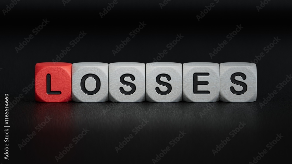 Wooden cubes with LOSS word on wooden table. Financial loss busines concept. Memory loss demetia mental health concept.Business Concept.3D rendering on black background. Wooden cubes with LOSS word on wooden table. Financial loss busines concept. Memory loss demetia mental health concept.Business Concept.3D rendering on black background.